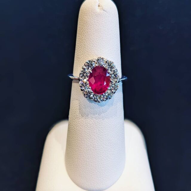 Platinum ladies fantastic ring with one main center 2.02 cts. Natural Oval Ruby with Excellent Color and 10 Round Natural Brilliant Cut Diamonds 1.25 cts total weight G Color VS Clarity , a true treasured heirloom to be! Call or stop by today, and Find A Treasure, Save A Fortune! https://metrobrokerjewelers.com #pikesville #pikesvillemd #metrobrokerjewelers #metrobroker #mbj #platinumrings #platinumjewelry #rubyrings #rubyjewelry