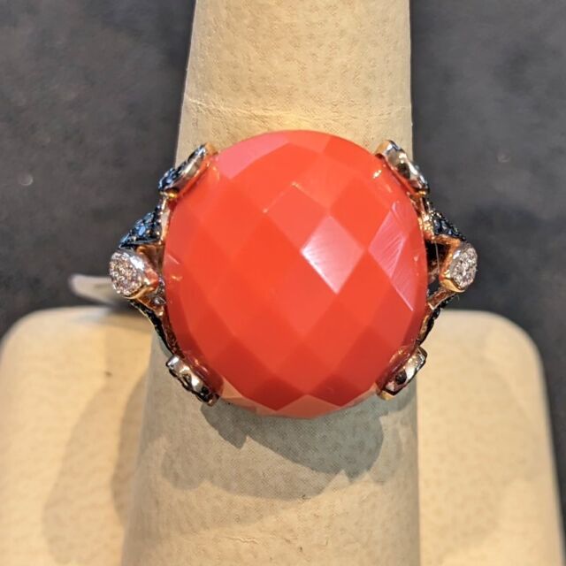 Unique faceted briolette cut natural Coral set in 14 kt yellow gold ring and accented with natural black and white diamonds for a truly fascinating treasure to cherish and enjoy. Call or stop by today, and Find A Treasure, Save A Fortune! https://metrobrokerjewelers.com #pikesville #pikesvillemd #metrobrokerjewelers #metrobroker #mbj #Coloredstones #Uniquejewelry #Unusualjewelry #14kgold
