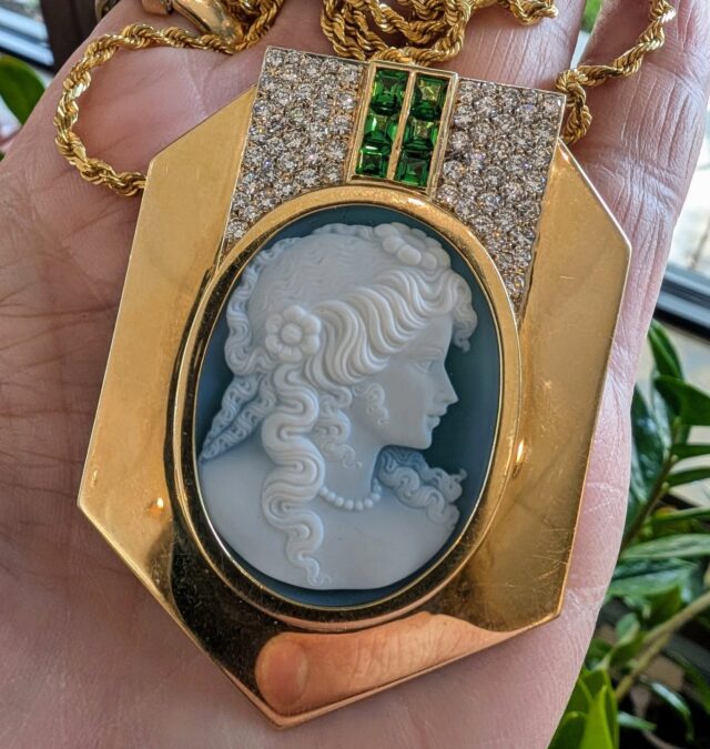 This vintage one-of-a-kind cameo brooch pendant is nothing short of remarkable. Just look at that diamond and gemstone work 😍 Available now, come visit your friends at Metro to see her in person. 

Metro Broker Jewelers - Find A Treasure, Save A Fortune 💎
Stop in today or call us for pricing and availability📱
410-653-5880

#metrobrokerjewelers #metrobroker #metrobrokerltd #mbj #pikesville #reisterstown #owingsmills #maryland #gold #oldgold #antiquejewelry #vintagejewelry #estatejewelry #estatejewelryforsale #diamondrings #engagementrings #naturaldiamonds #labgrowndiamonds #baltimorejeweler #jewelryrepair #jewelrydesign #cameo #cameonecklace #broochpendant #bringbackthebrooch